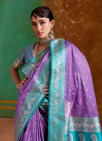 Purple and Green Handwoven Silk Saree