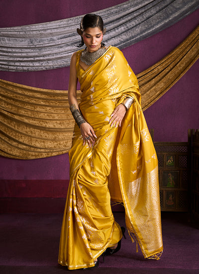 Yellow Golden Brocade Handloom Woven Silk Saree