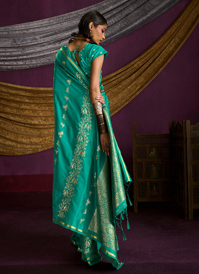 Emerald Green Brocade Handloom Woven Silk Saree