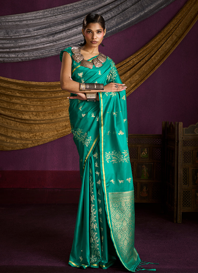 Emerald Green Brocade Handloom Woven Silk Saree