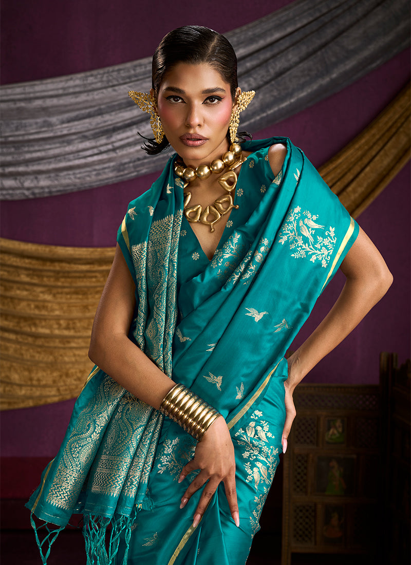 Teal Blue Brocade Handloom Woven Silk Saree