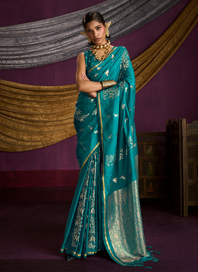 Teal Blue Brocade Handloom Woven Silk Saree