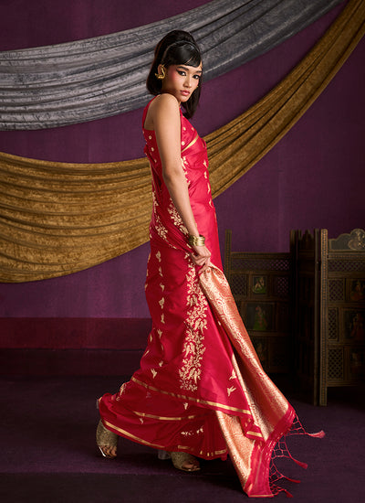 Crimson Red Brocade Handloom Woven Silk Saree