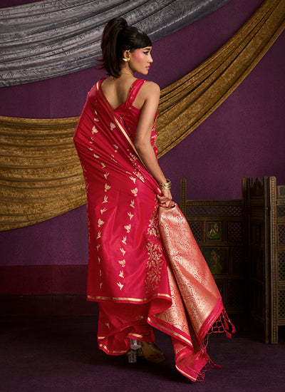 Crimson Red Brocade Handloom Woven Silk Saree