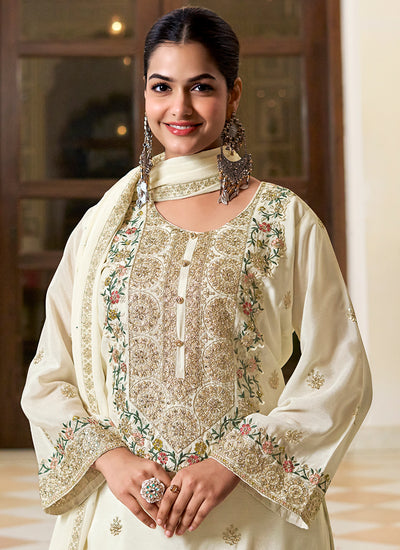 Off White Multi Embroidered Silk Gharara Suit