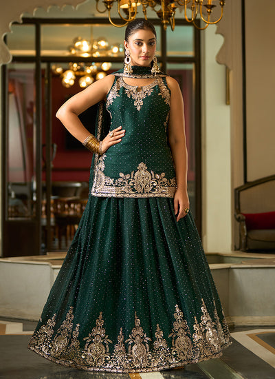 Green Traditional Embroidery Lehenga Kurti