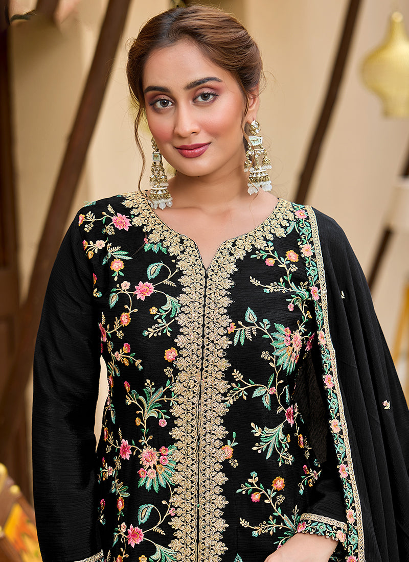 Black Multi Embroidery Sharara Style Suit