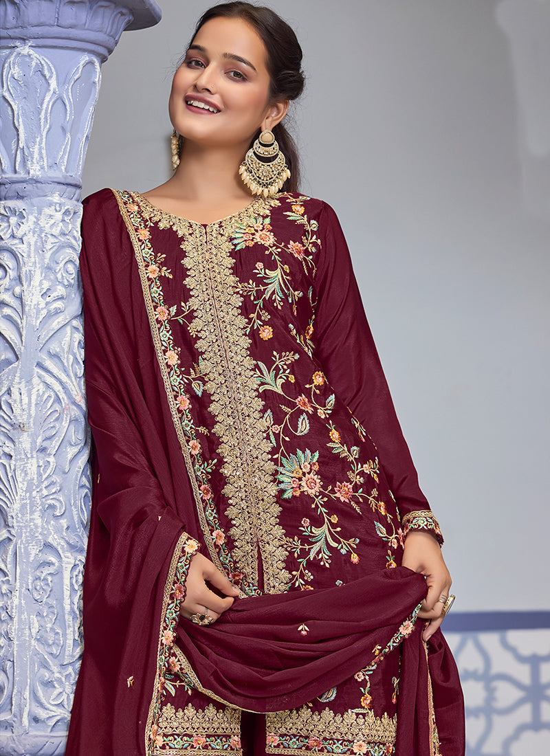 Deep Red Multi Embroidery Sharara Style Suit