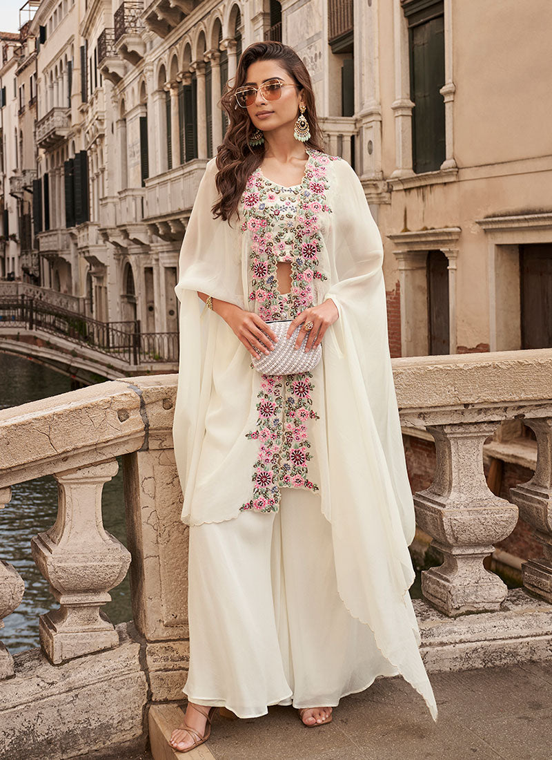 Off White Floral Embroidered Cape Style Palazzo Suit