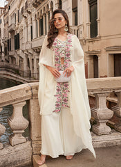 Off White Floral Embroidered Cape Style Palazzo Suit