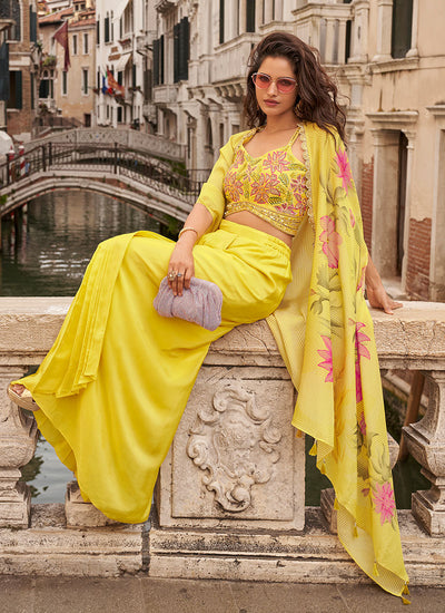 Yellow Handwork Embellished Draped Skirt Set