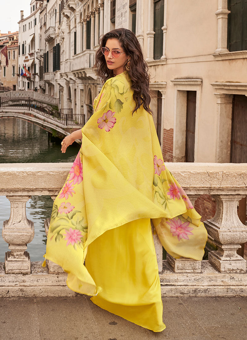Yellow Handwork Embellished Draped Skirt Set