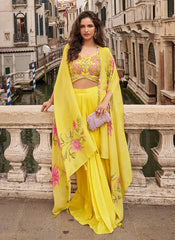 Yellow Handwork Embellished Draped Skirt Set