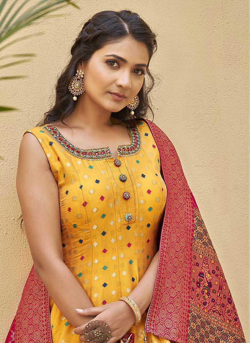 Yellow Mirror Work Embroidery Silk Anarkali Suit In USA California