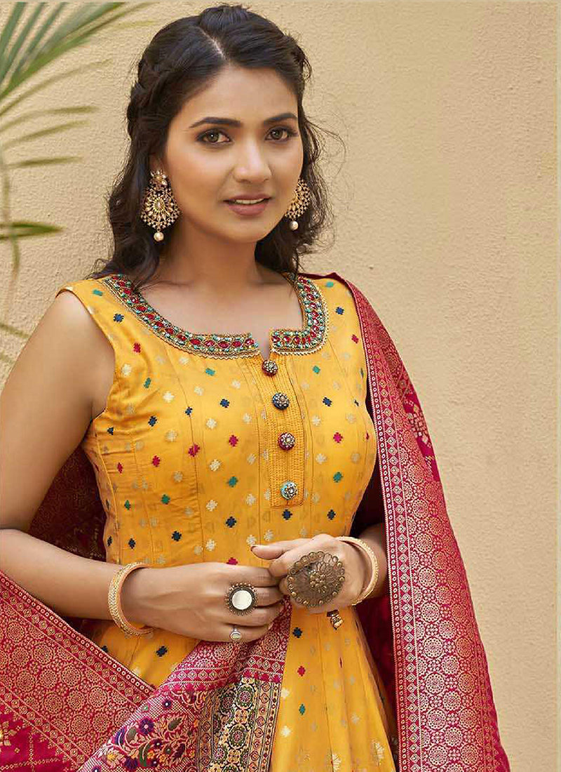 Yellow Mirror Work Embroidery Silk Anarkali Suit In USA Uk