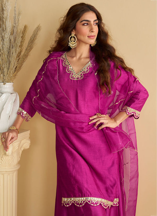 Bright Pink Mirror Work Embroidery Sharara Style Suit