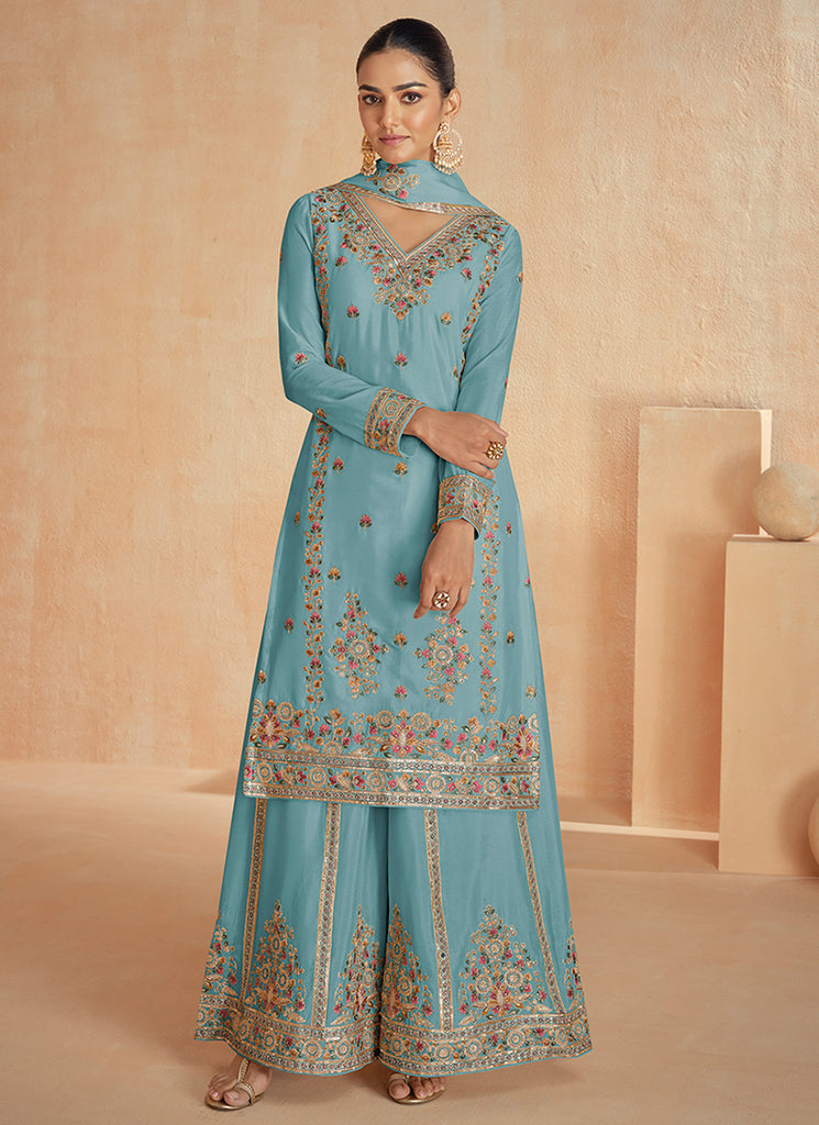 Sky Blue Multi Embroidery Festive Palazzo Suit