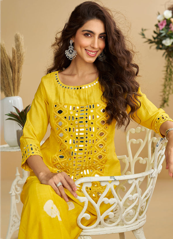Yellow Mirror Work Embroidery Co-Ord Set
