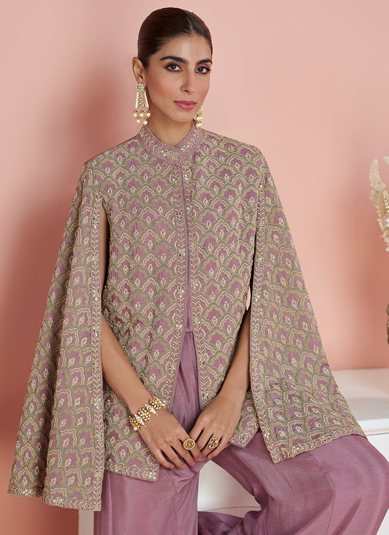 Mauve Purple Embroidery Cape Top and Palazzo Set