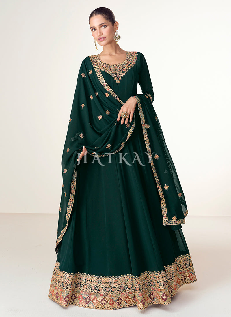 Dark Green Multi Embroidery Anarkali Dress