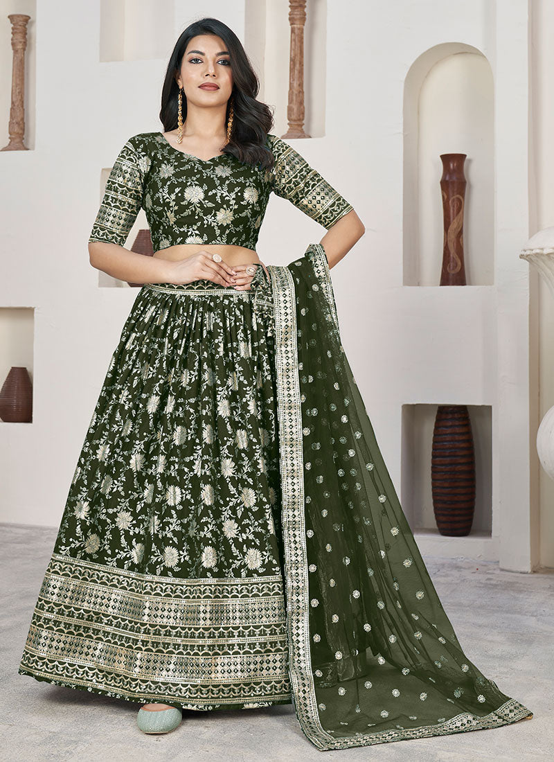 Olive Green Sequence Embroidery Jacquard Lehenga Choli