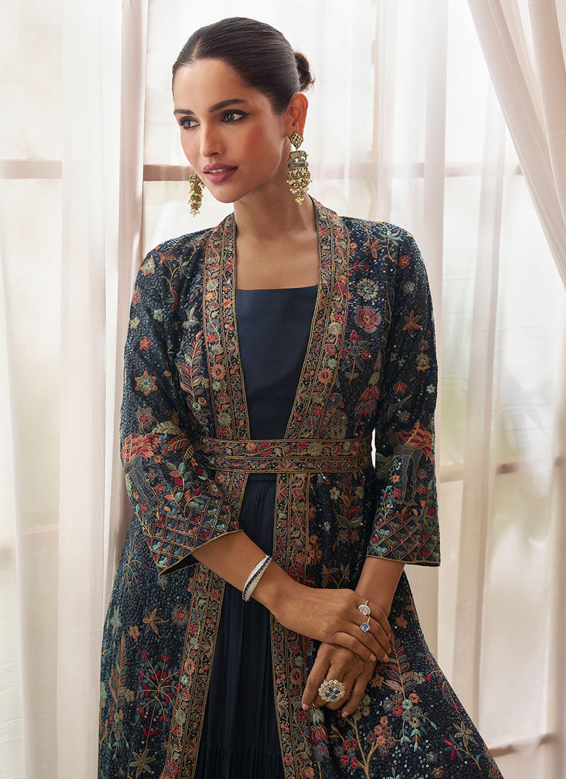 Dark Blue Embroidery Jacket Style Anarkali Gown