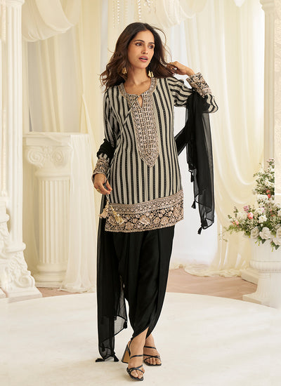 Black and White Embroidered Designer Tulip Pant Suit
