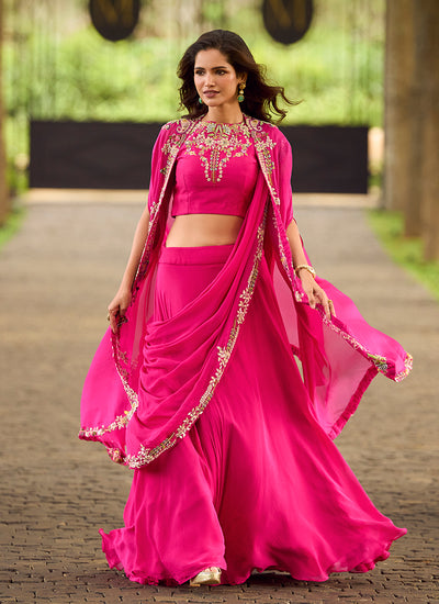 Fuchsia Pink Embroidered Lehenga Saree with Cape Style Jacket