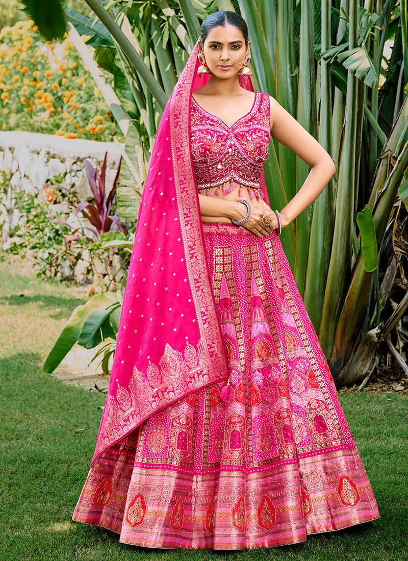 Pink Multi Mirror Work Embroidery Wedding Lehenga Choli
