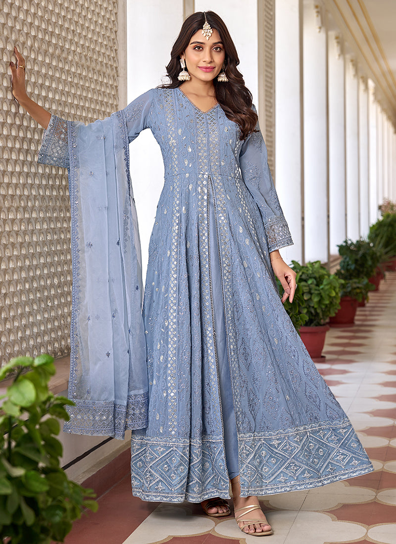 Buy Ice Blue Sequence Embroidery Slit Style Anarkali Pant Suit Online | Hatkay Buy Ice Blue Sequence Embroidery Slit Style Anarkali Pant Suit Online | Hatkay