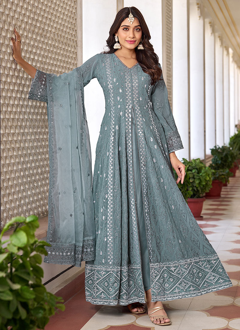 Buy Indian Dress - Light Grey Sequence Embroidery Slit Style Anarkali Pant Suit Buy Indian Dress - Light Grey Sequence Embroidery Slit Style Anarkali Pant Suit