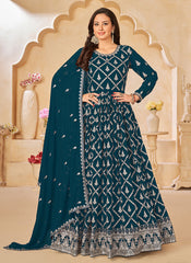 Turquoise Embroidered Traditional Georgette Anarkali Suit