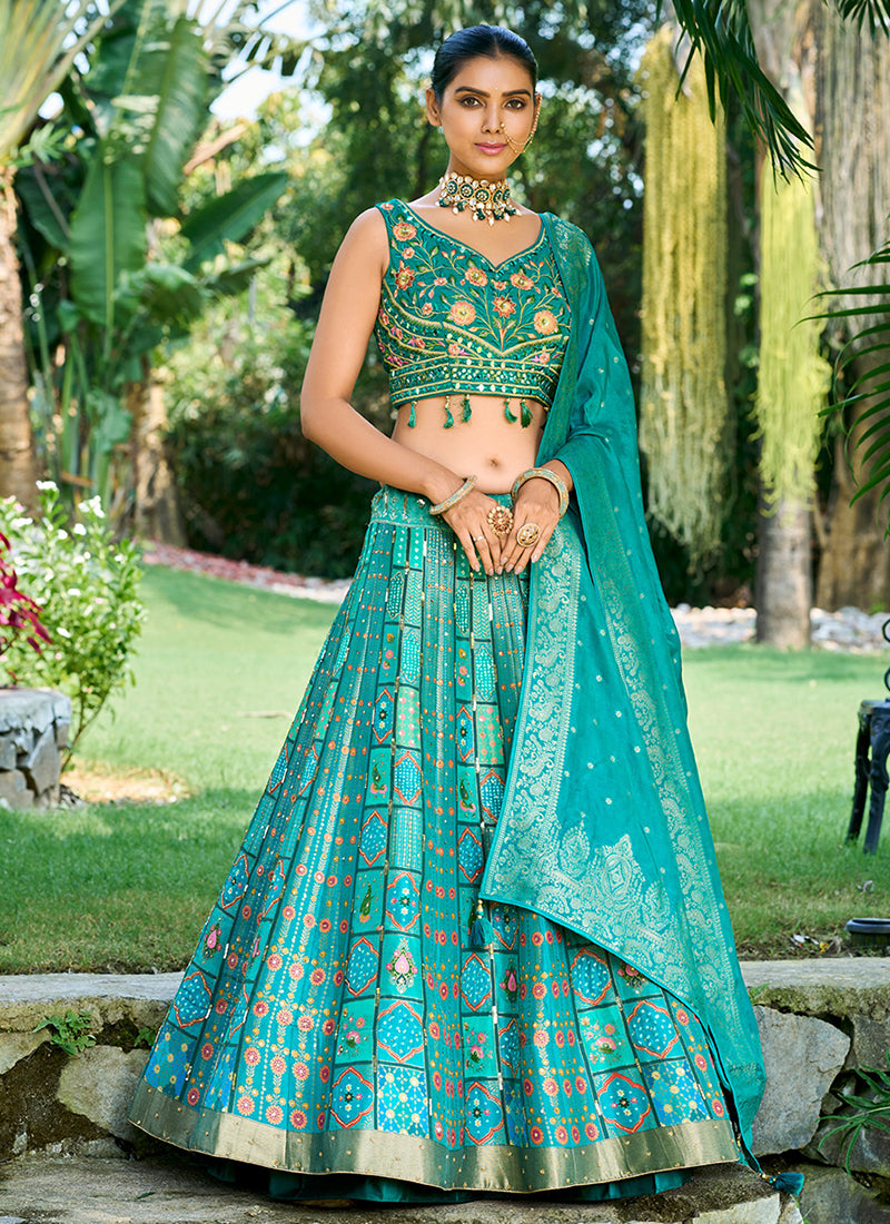 Turquoise Blue Multi Mirror Work Embroidery Wedding Lehenga Choli