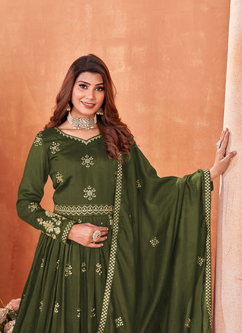Green Embroidery Silk Anarkali Suit