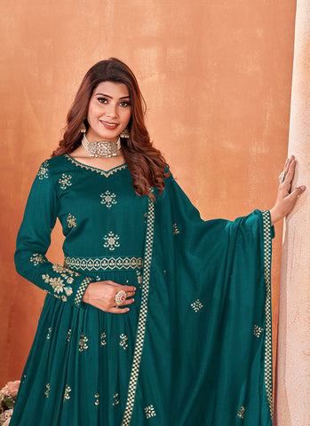 Turquoise Embroidery Silk Anarkali Suit