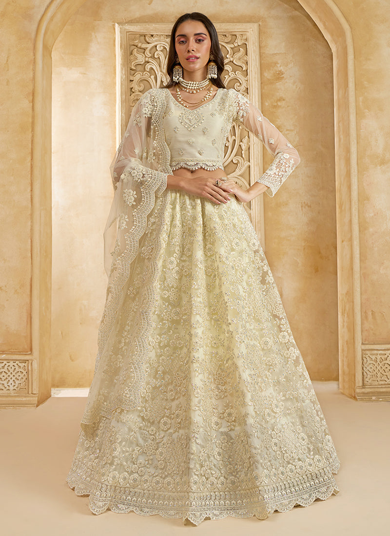 Beige Ivory Ombré Thread Embroidery Lehenga Choli With Dupatta