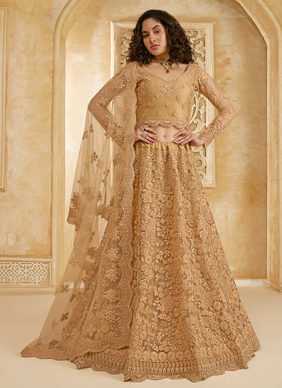 Beige Golden Ombré Thread Embroidery Lehenga Choli With Dupatta