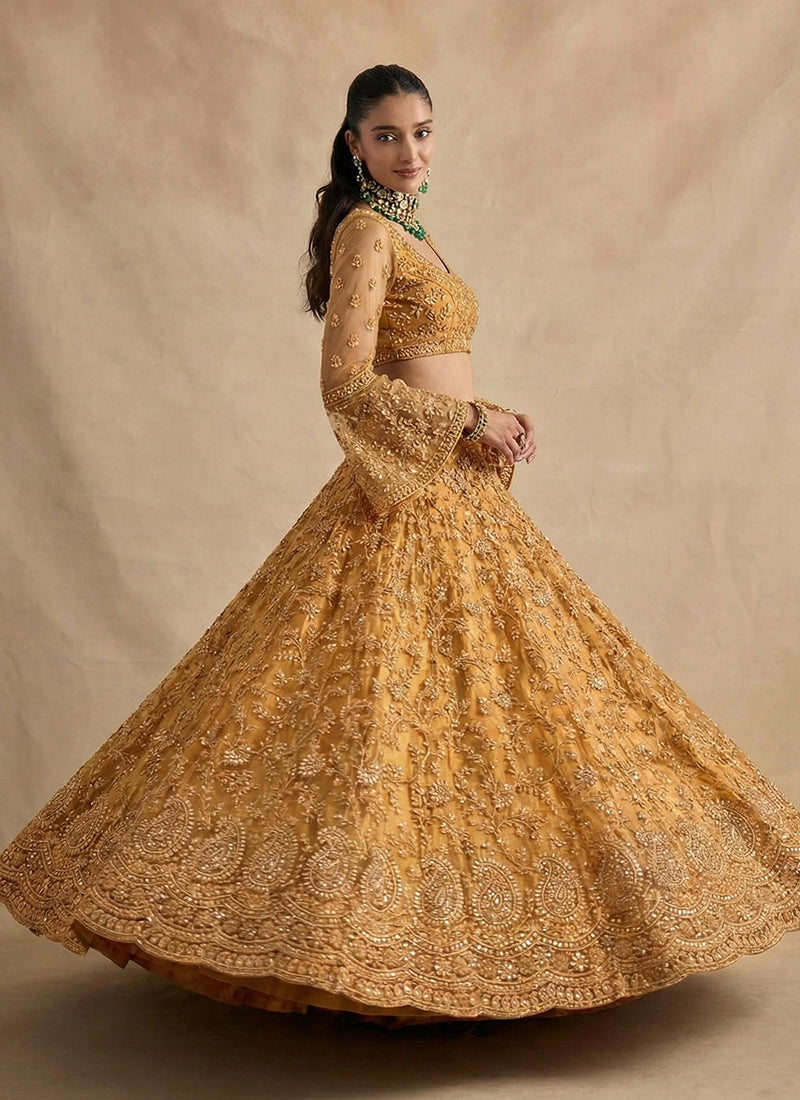 Deep Yellow Embroidery Wedding Lehenga Choli