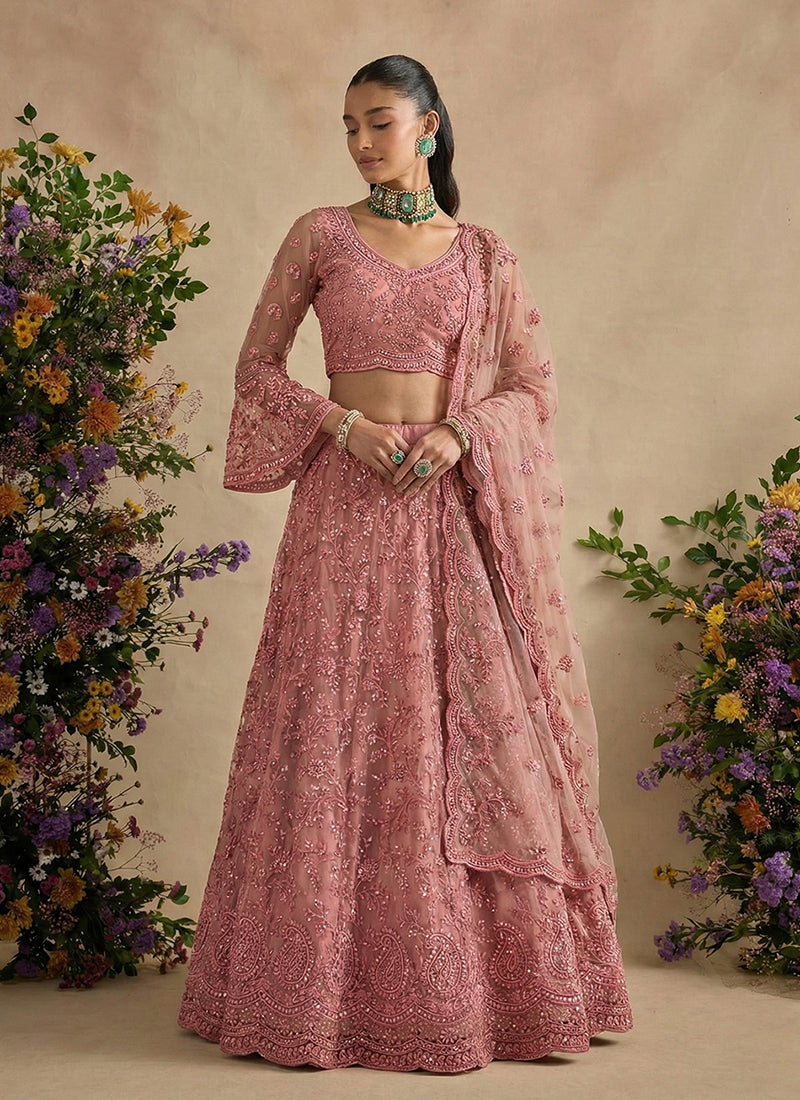 Rose Pink Embroidered Designer Wedding Lehenga Choli