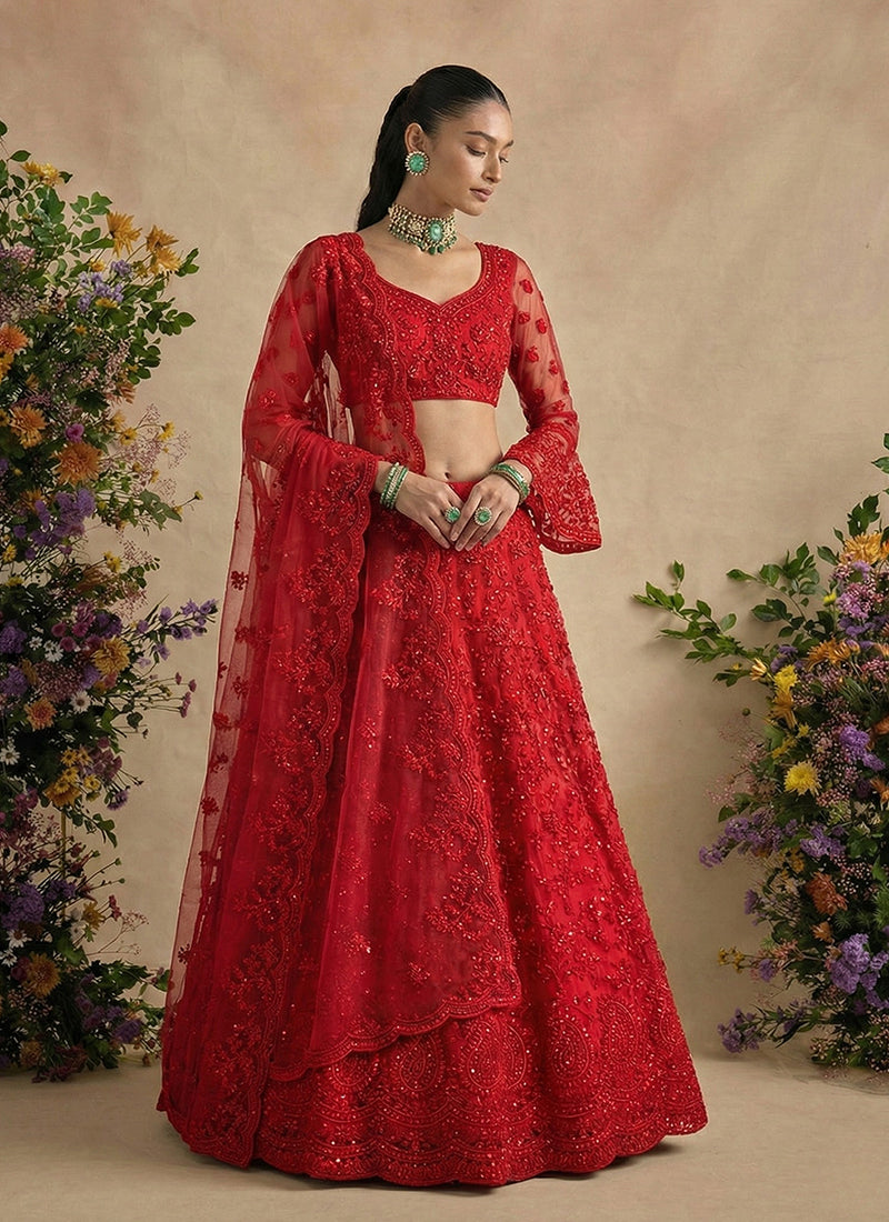 Crimson Red Designer Embroidery Wedding Lehenga Choli