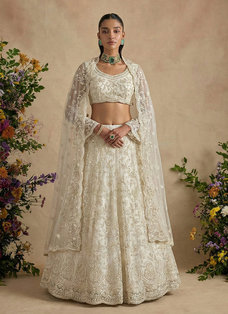 Ivory White Designer Embroidery Wedding Lehenga Choli