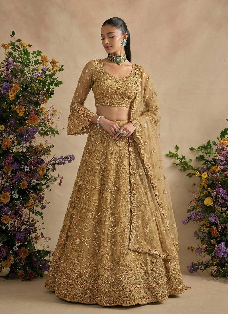 Gold Beige Designer Embroidery Wedding Lehenga Choli