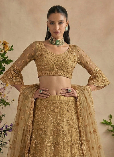 Gold Beige Designer Embroidery Wedding Lehenga Choli