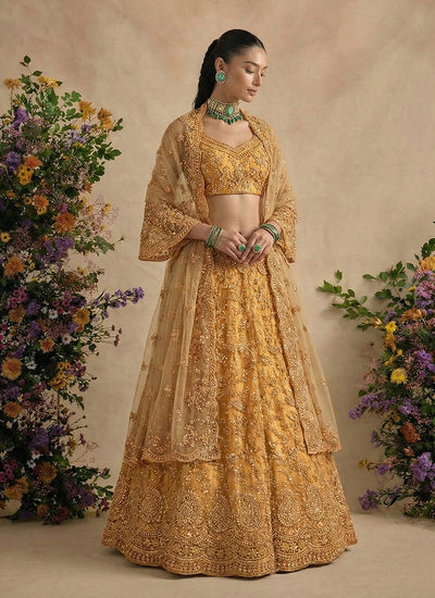 Deep Yellow Embroidery Wedding Lehenga Choli