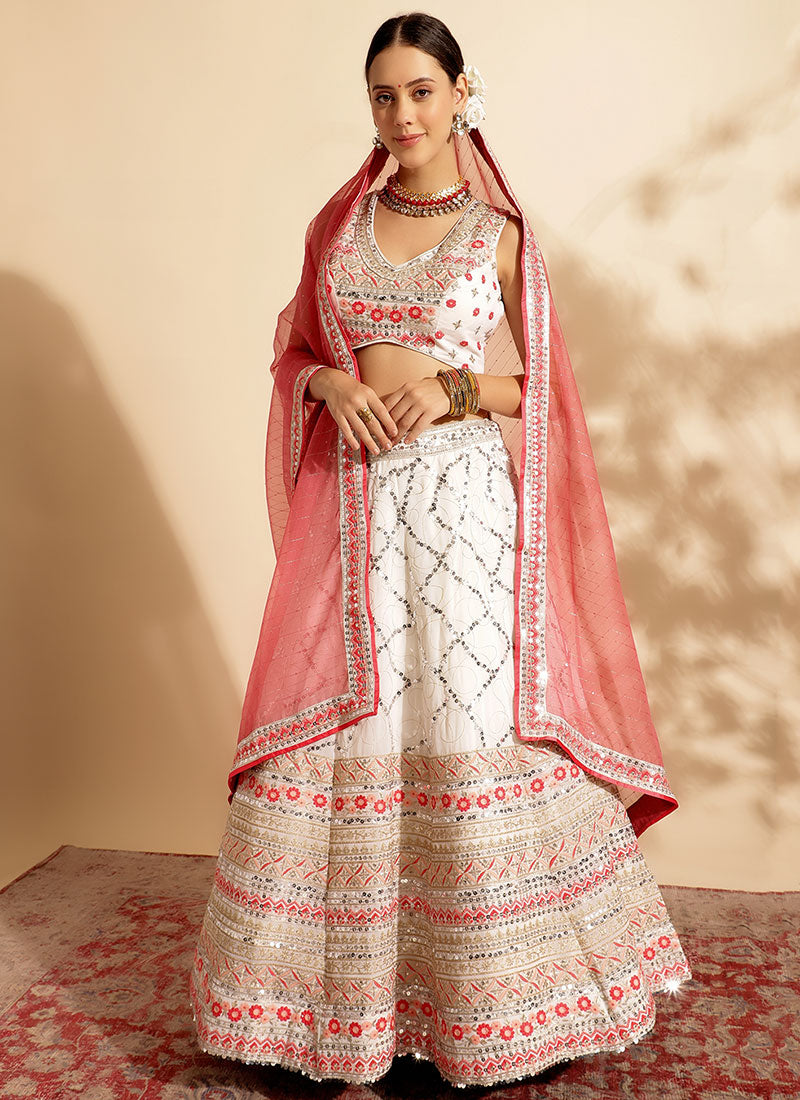 White And Pink Multi Embroidery Traditional Lehenga Choli