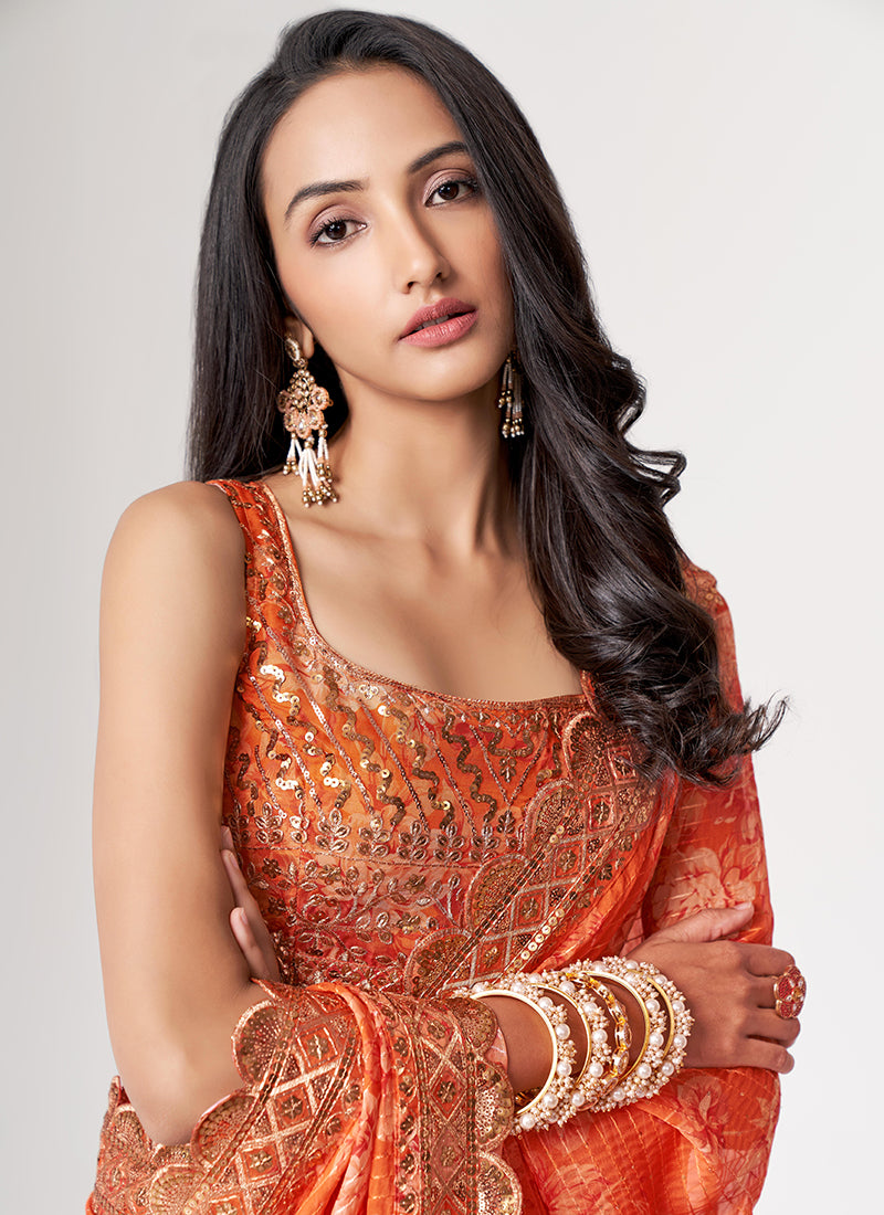 Orange Floral Print Organza Saree In USA Germany
