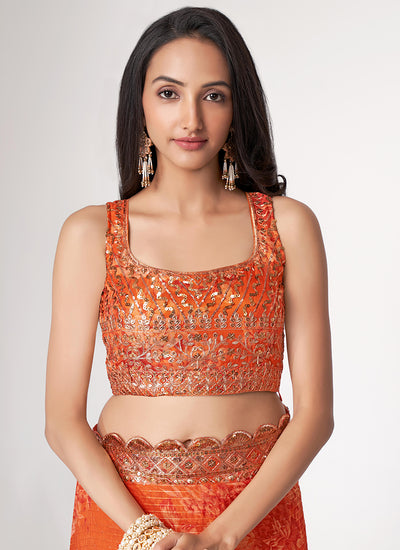 Orange Floral Print Organza Saree In USA Australia