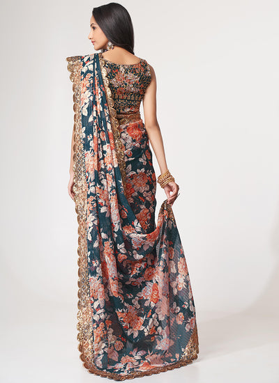 Turquoise Floral Print And Sequence Embroidery Organza Saree In USA UK