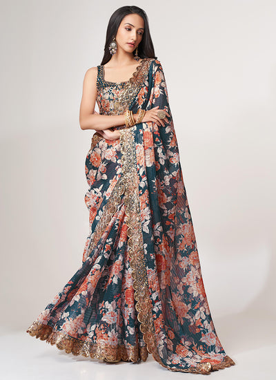 Turquoise Floral Print And Sequence Embroidery Organza Saree In USA Canada
