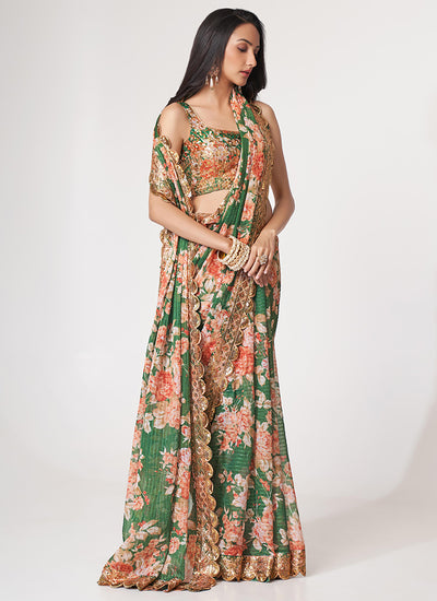 Green Floral Print And Sequence Embroidery Organza Saree In USA Canada